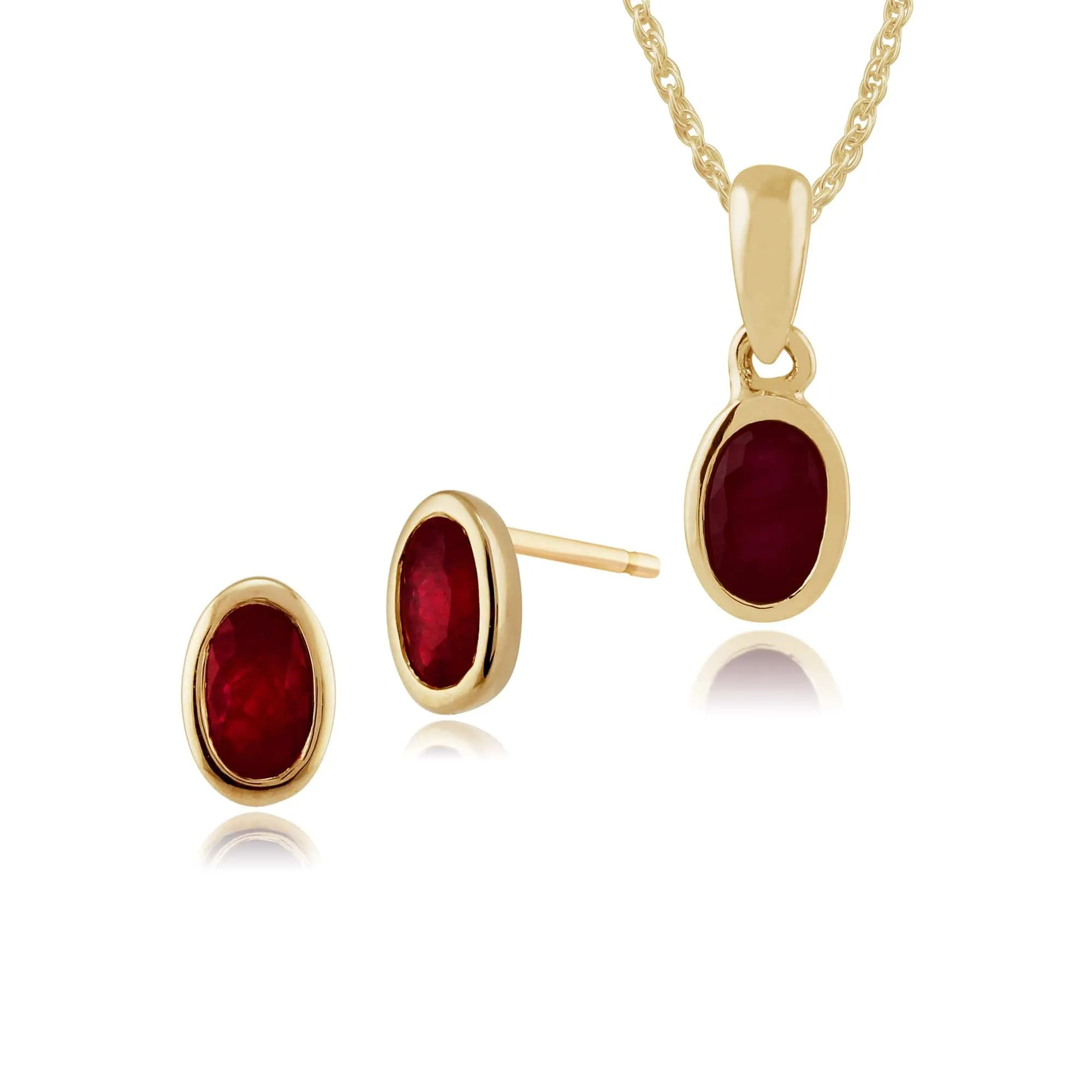 Classic Oval Ruby Single Stone Bezel Stud Earrings & Pendant Set in 9ct Yellow Gold sold by Gemondo Jewellery