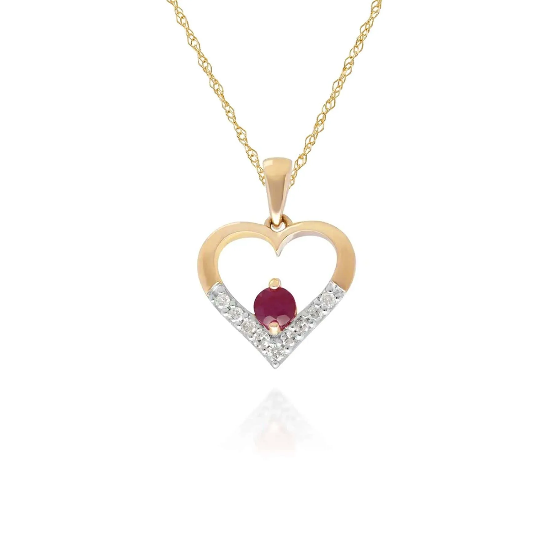 Classic Ruby & Diamond Heart Pendant in 9ct Yellow Gold sold by Gemondo Jewellery