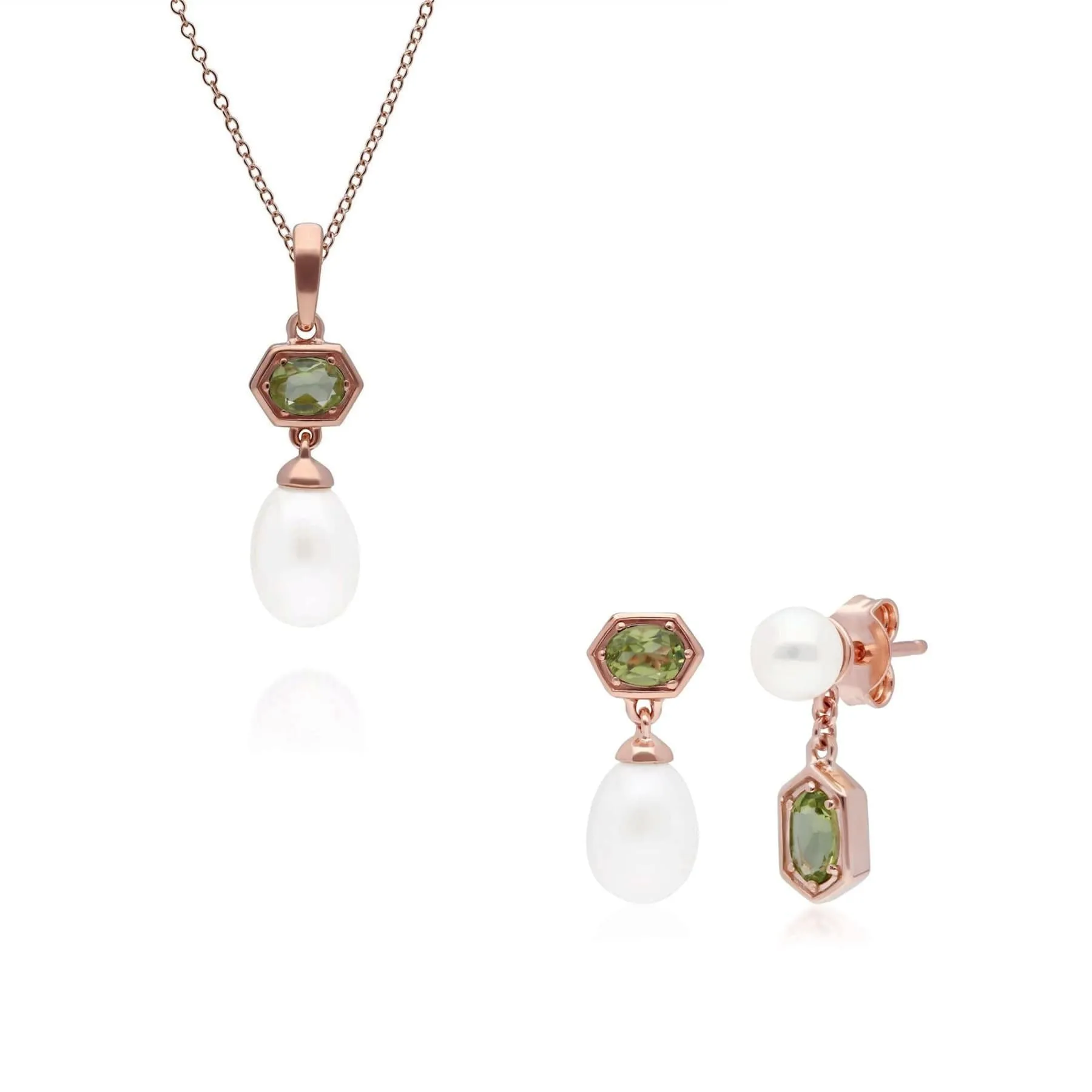 Modern Pearl & Peridot Pendant & Earring Set in Rose Gold Plated Silver sold by Gemondo Jewellery