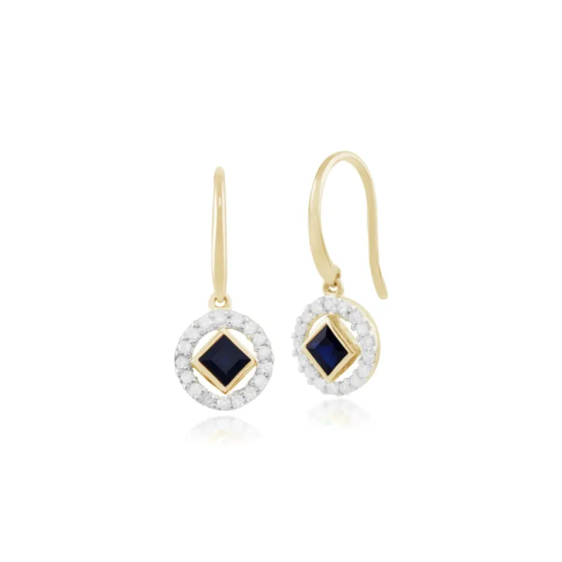 Classic Square Sapphire & Diamond Halo Drop Earrings in 9ct Yellow Gold sold by Gemondo Jewellery