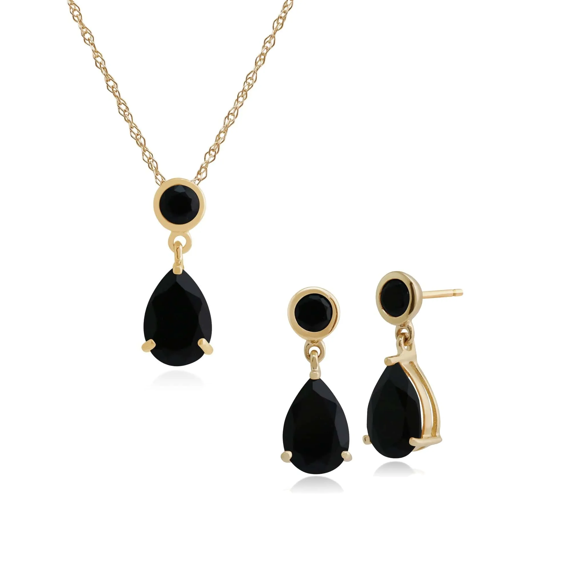 Classic Pear & Round Onyx Drop Earrings & Pendant Set in 9ct Yellow Gold sold by Gemondo Jewellery