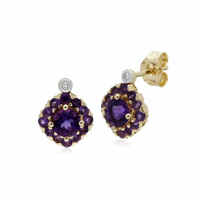 Gemondo 9ct Yellow Gold Amethyst & Diamond Square Cluster Stud Earrings sold by Gemondo Jewellery