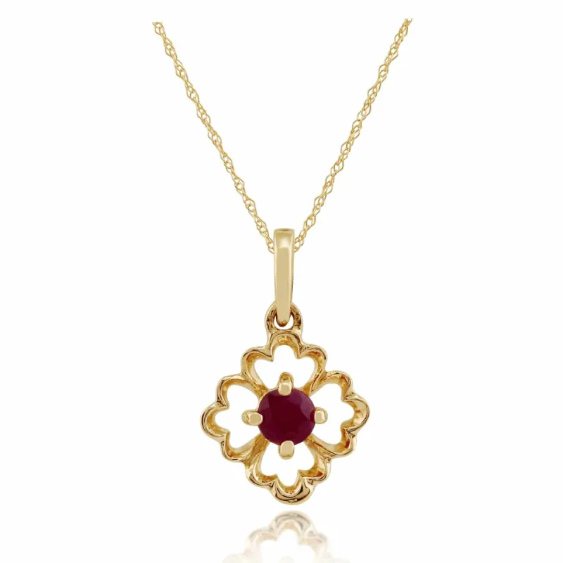 Floral Central Round Ruby Pendant in 9ct Yellow Gold sold by Gemondo Jewellery