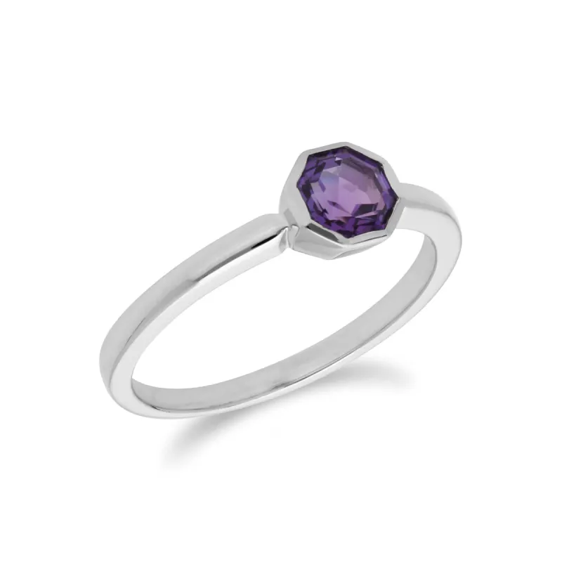 Geometric Hexagon Amethyst Bezel Set Ring in 925 Sterling Silver sold by Gemondo Jewellery