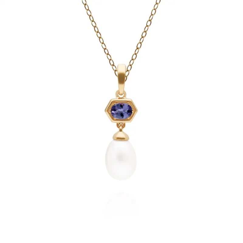 Modern Pearl & Tanzanite Hexagon Drop Pendant in Gold Plated Silver sold by Gemondo Jewellery