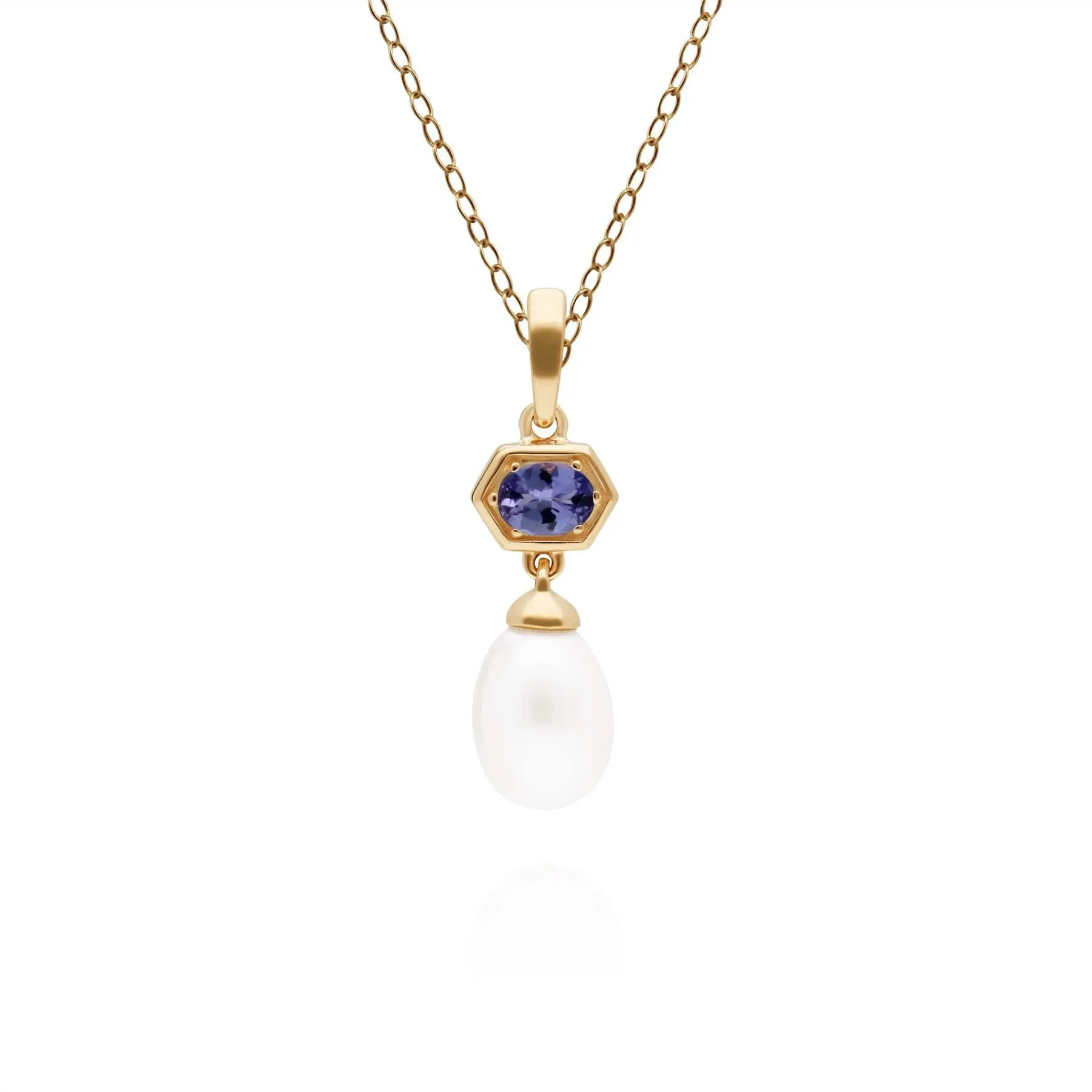 Modern Pearl & Tanzanite Hexagon Drop Pendant in Gold Plated Silver sold by Gemondo Jewellery