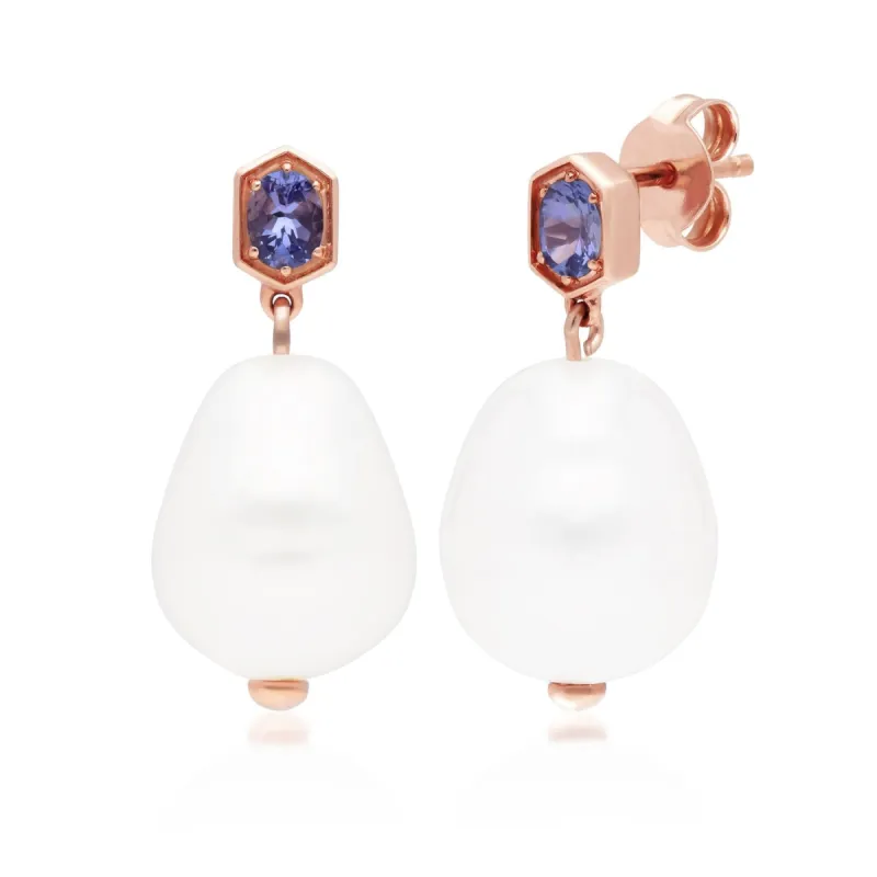 Modern Baroque Pearl & Tanzanite Drop Earrings in Rose Gold Plated Silver sold by Gemondo Jewellery