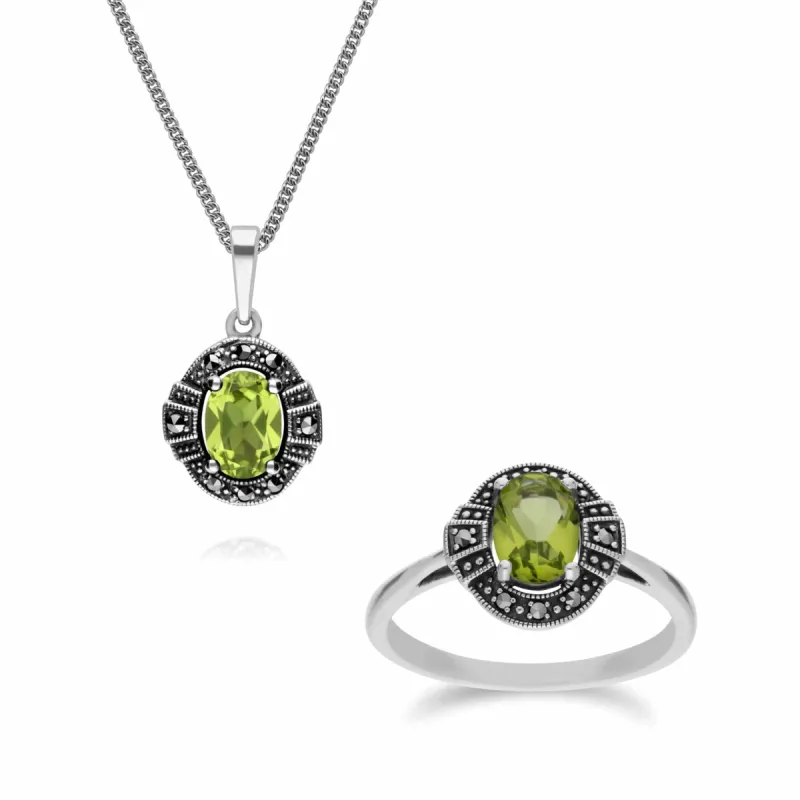 Art Deco Style Oval Peridot and Marcasite Cluster Ring & Pendant Set in 925 Sterling Silver sold by Gemondo Jewellery