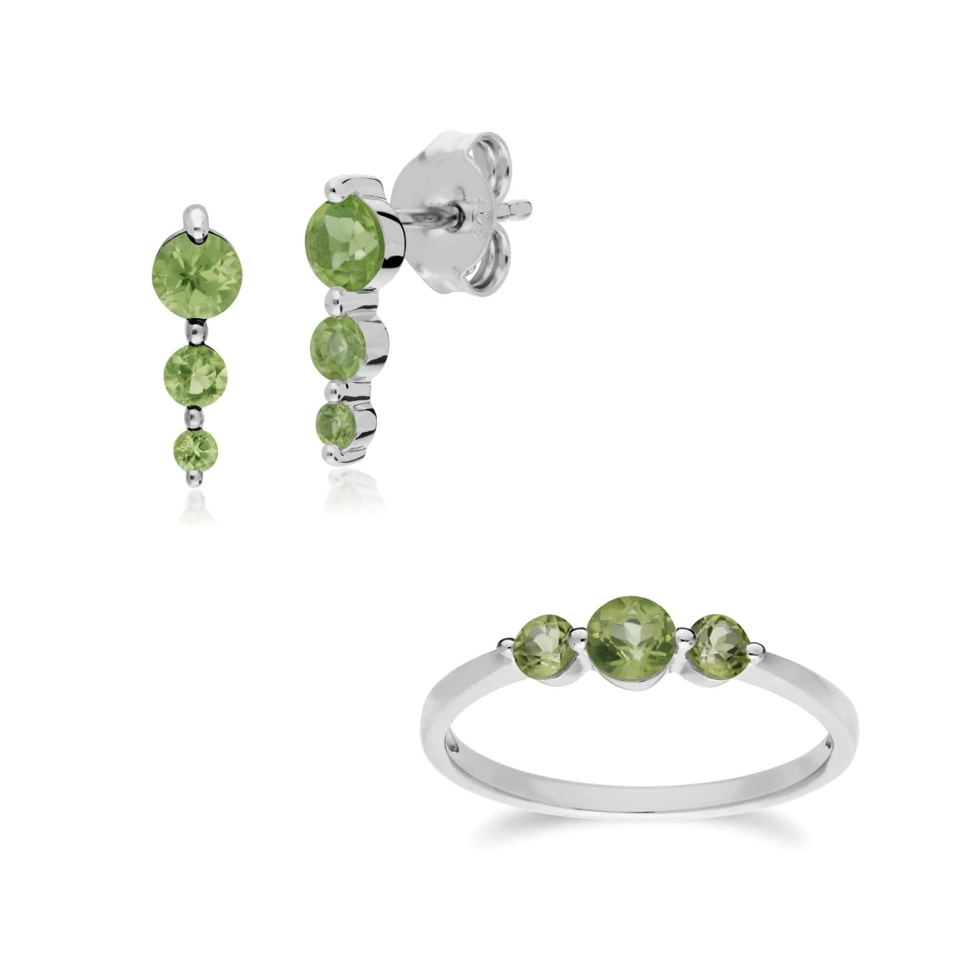 Classic Round Peridot Three Stone Gradient Earrings & Ring Set in 925 Sterling Silver sold by Gemondo Jewellery