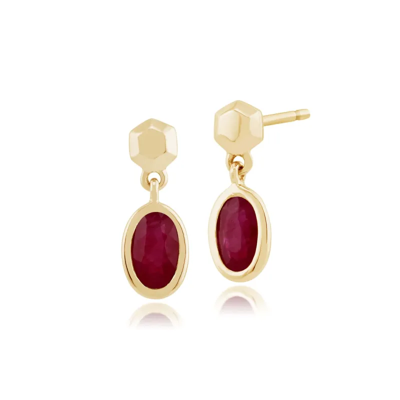 Classic Oval Ruby Bezel Set Drop Earrings in 9ct Yellow Gold sold by Gemondo Jewellery