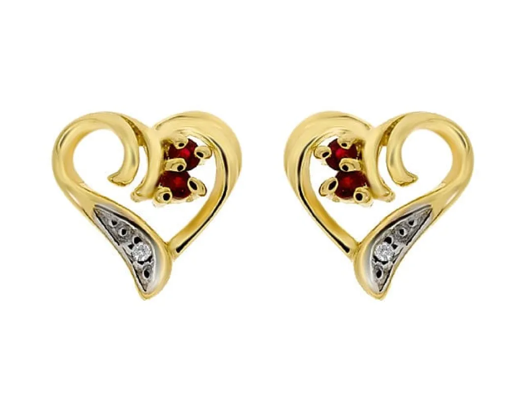 9ct Yellow Gold Ruby & Diamond Heart Stud Earrings sold by Gemondo Jewellery
