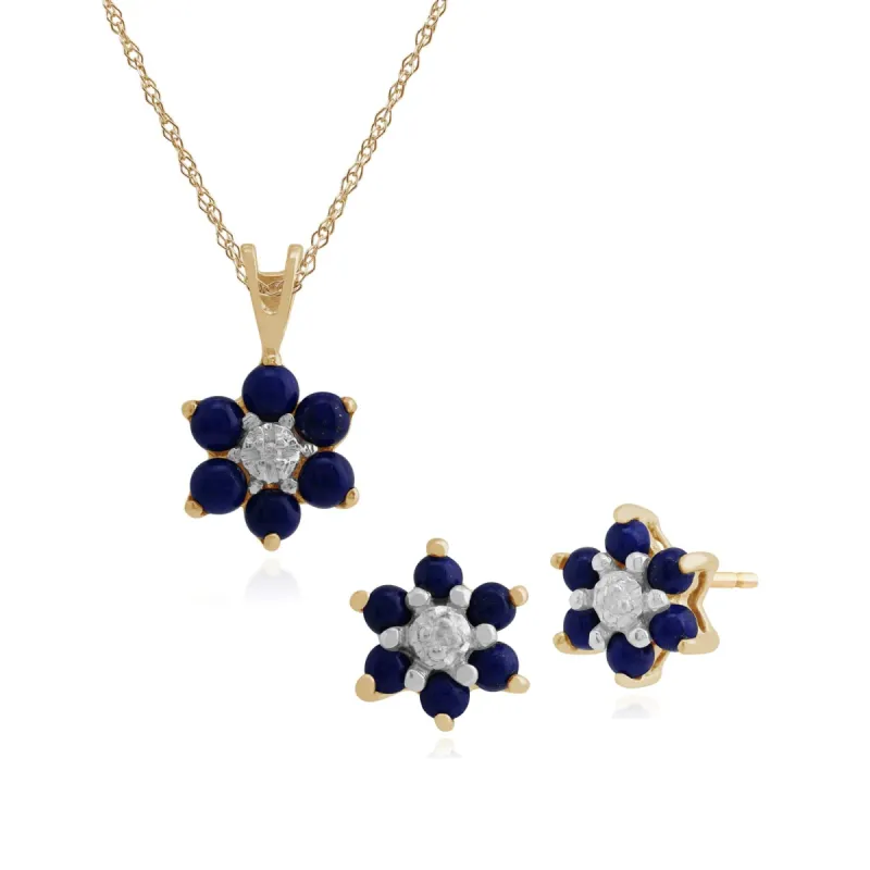 Floral Round Lapis Lazuli & Diamond Cluster Stud Earrings & Pendant Set in 9ct Yellow Gold sold by Gemondo Jewellery