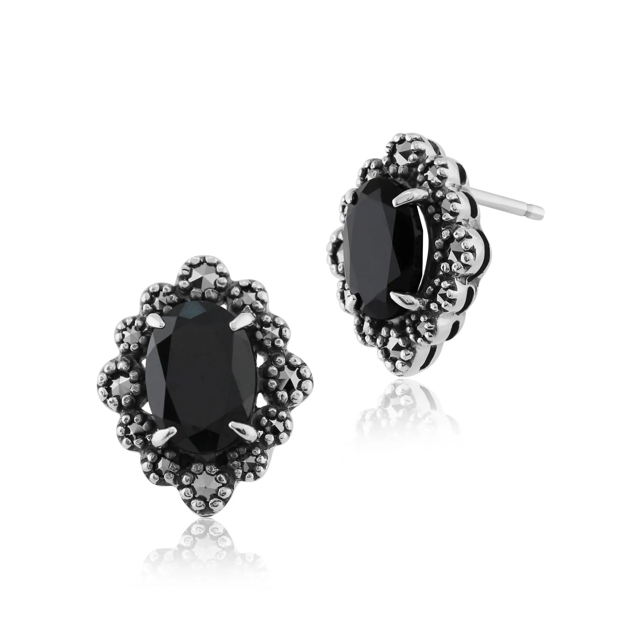 Art Deco Style Oval Black Spinel & Marcasite Stud Earrings in 925 Sterling Silver sold by Gemondo Jewellery