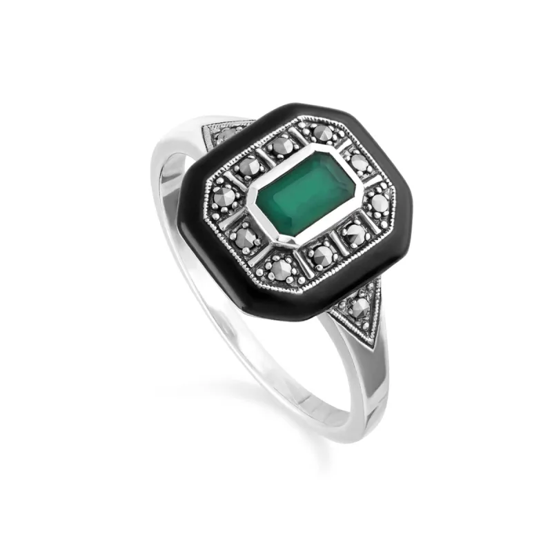 Art Deco Inspired Chalcedony, Enamel & Marcasite Square Ring In Sterling Silver sold by Gemondo Jewellery
