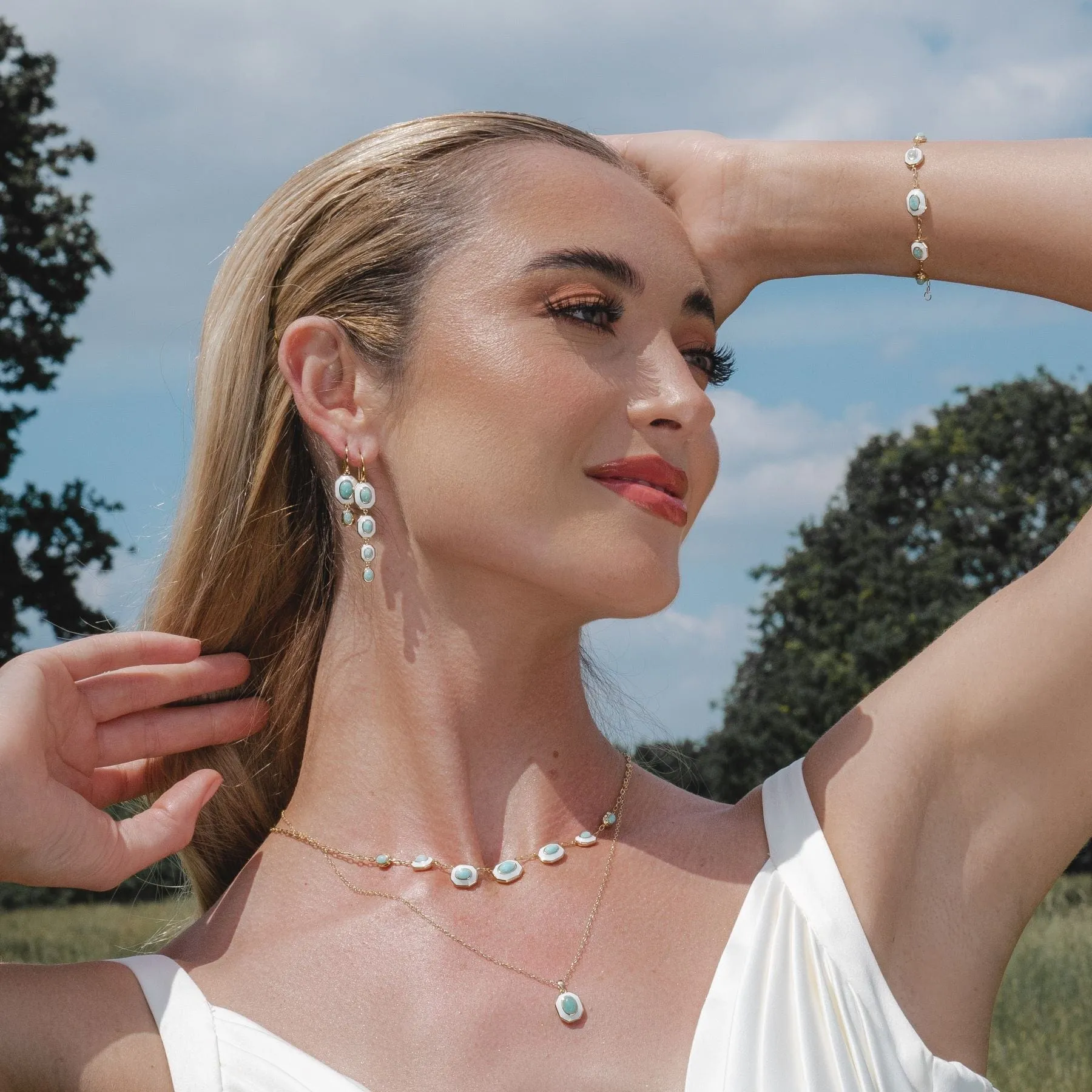 Siberian Waltz White Enamel & Amazonite Dangle Drop Earrings in Gold Plated Sterling Silver sold by Gemondo Jewellery product image thumbnail 2