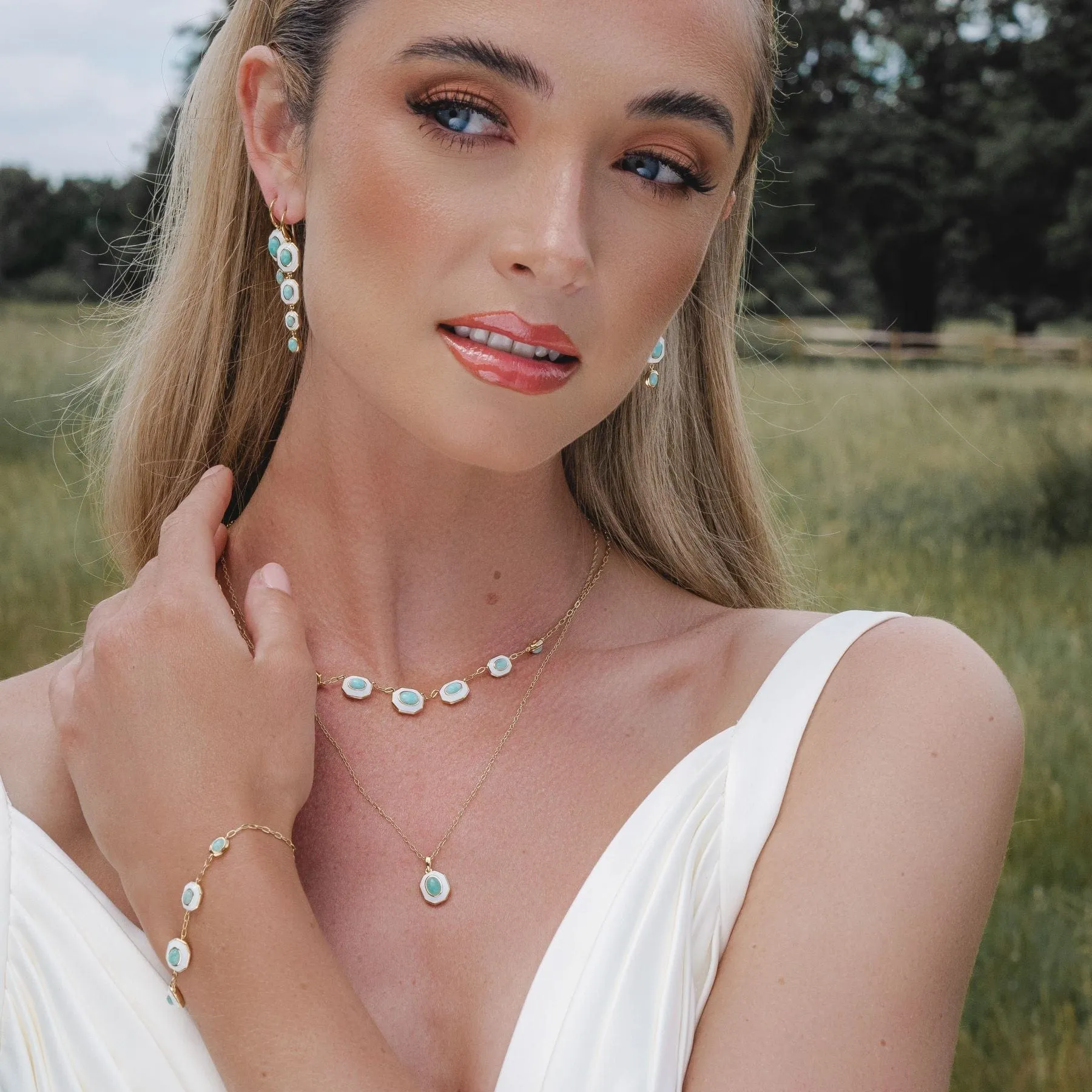 Siberian Waltz White Enamel & Amazonite Dangle Drop Earrings in Gold Plated Sterling Silver sold by Gemondo Jewellery product image thumbnail 3