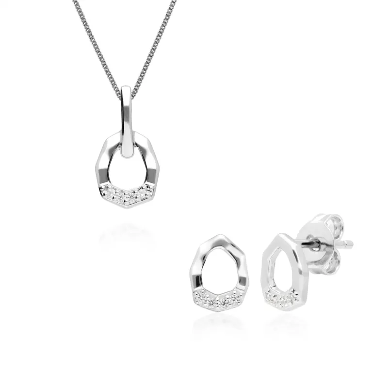 Diamond Pave Asymmetrical Pendant & Earring Set in 9ct White Gold sold by Gemondo Jewellery