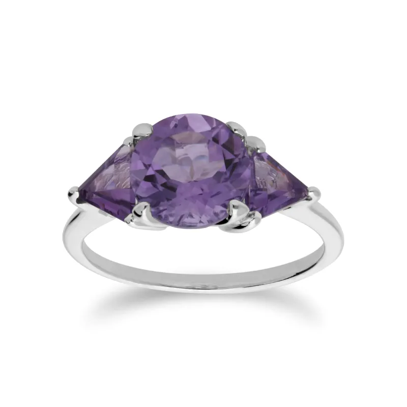 Classic Round & Prism Amethyst Three Stone Ring in 925 Sterling Silver sold by Gemondo Jewellery