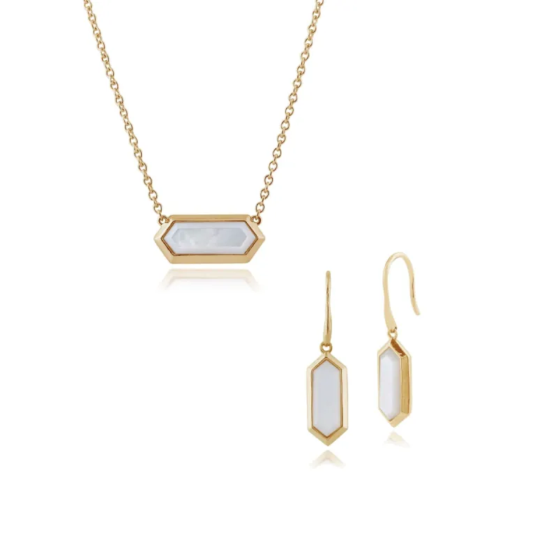 Hexagon Mother of Pearl Hexagon Drop Earrings & Necklace Gold Plated Set sold by Gemondo Jewellery