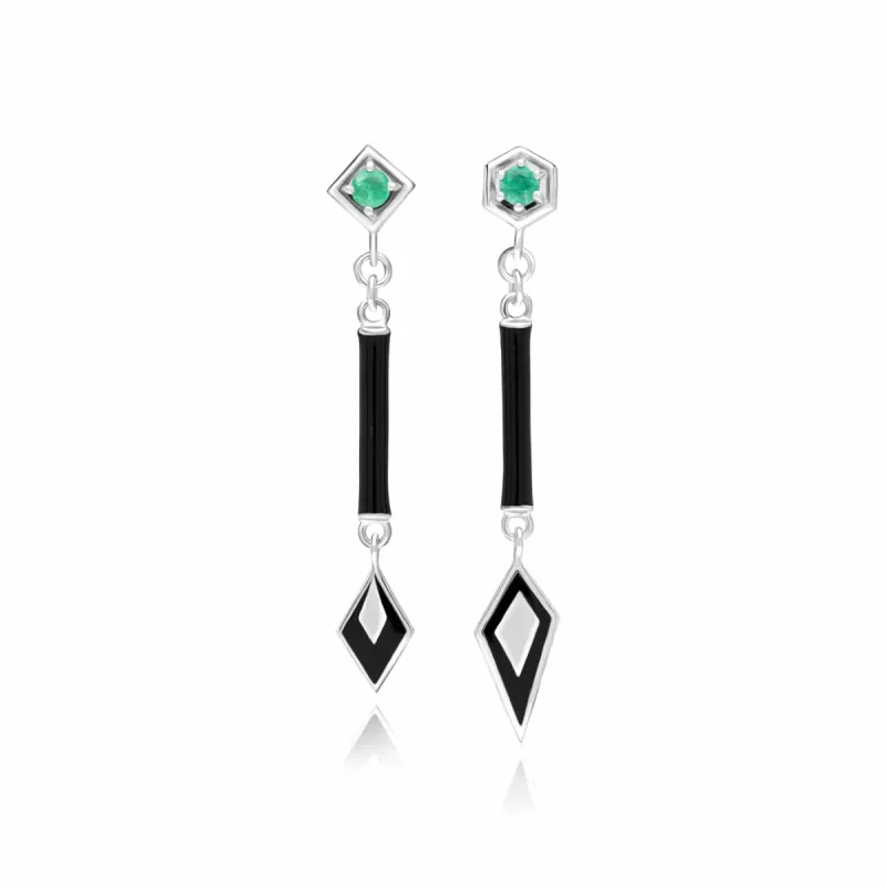 Grand Deco Asymmetrical Emerald Drop Earrings in 9ct White Gold sold by Gemondo Jewellery