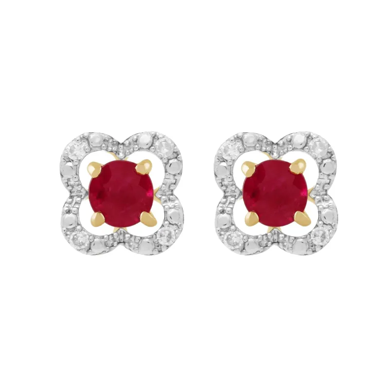 Classic Round Ruby Stud Earrings with Detachable Diamond Floral Ear Jacket in 9ct Yellow Gold sold by Gemondo Jewellery