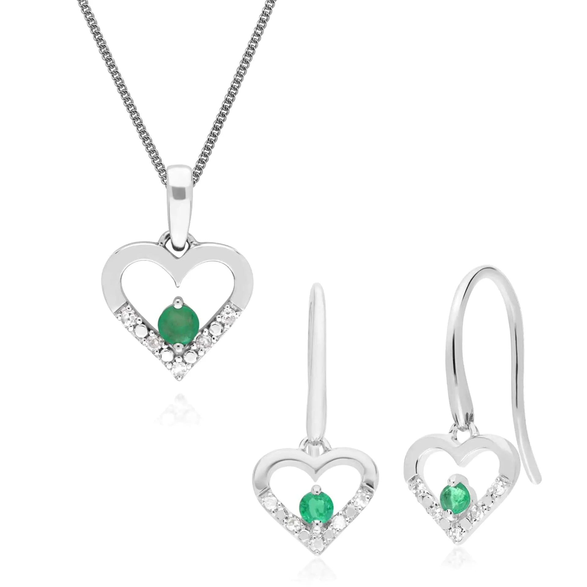 Classic Round Emerald & Diamond Heart Drop Earrings & Pendant Set in 9ct White Gold sold by Gemondo Jewellery