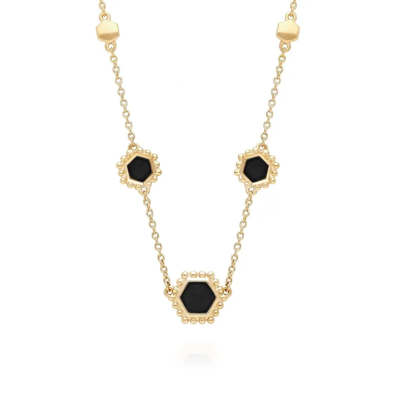 Black Onyx Flat Slice Hex Chain Necklace in Gold Plated Sterling Silver sold by Gemondo Jewellery