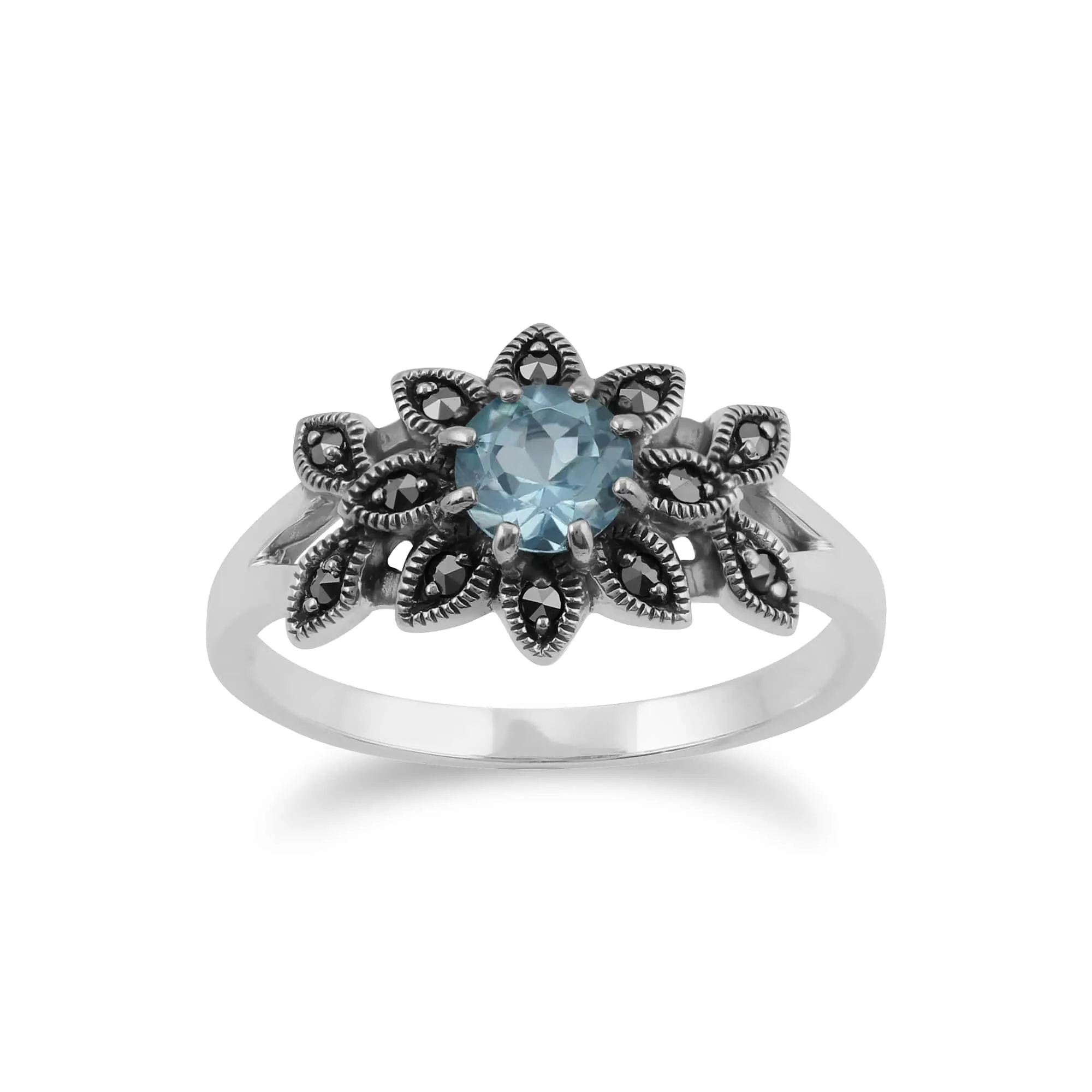 Art Nouveau Style Round Blue Topaz & Marcasite Floral Ring in Sterling Silver sold by Gemondo Jewellery