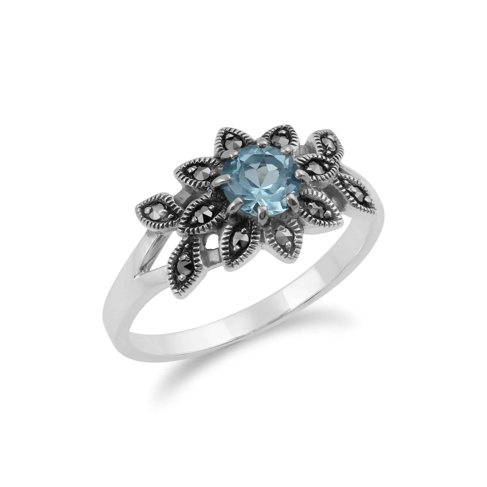 Art Nouveau Style Round Blue Topaz & Marcasite Floral Ring in Sterling Silver sold by Gemondo Jewellery product image thumbnail 2