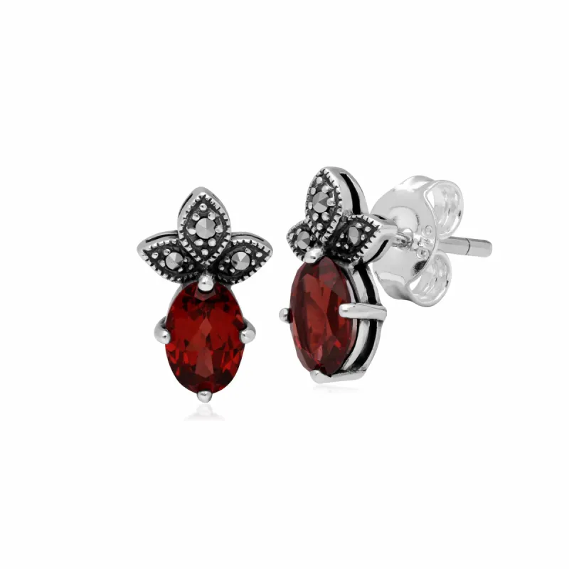 Art Deco Style Oval Garnet & Marcasite Stud Earrings in 925 Sterling Silver sold by Gemondo Jewellery