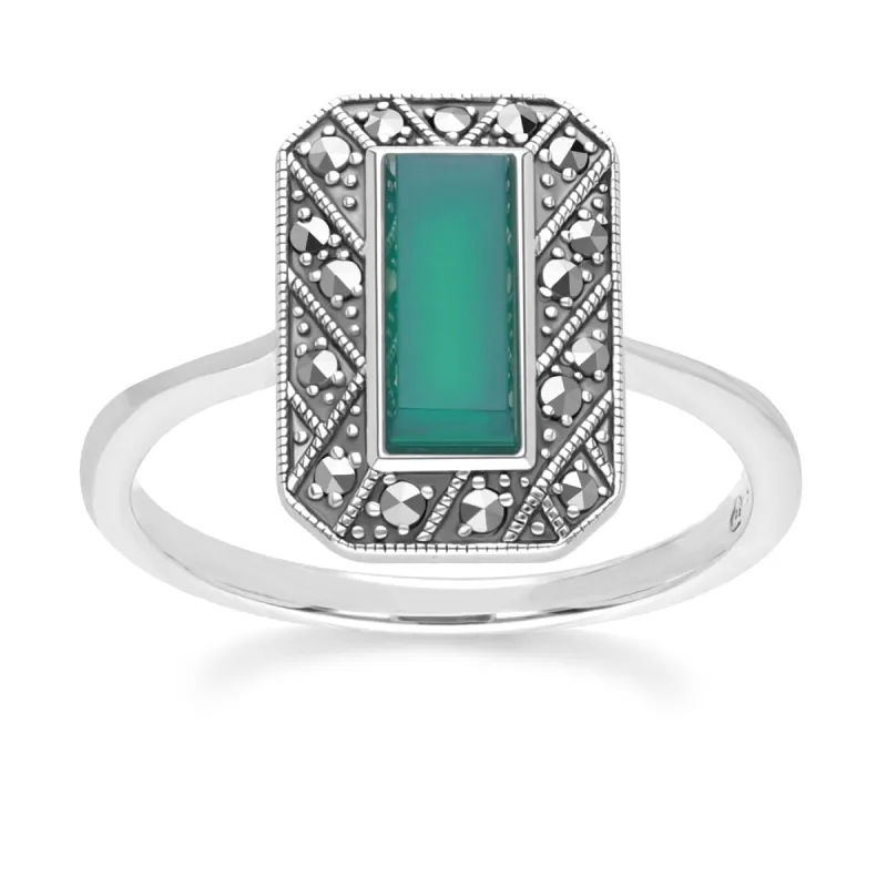 Art Deco Style Rectangle Chalcedony and Marcasite Ring in Sterling Silver sold by Gemondo Jewellery