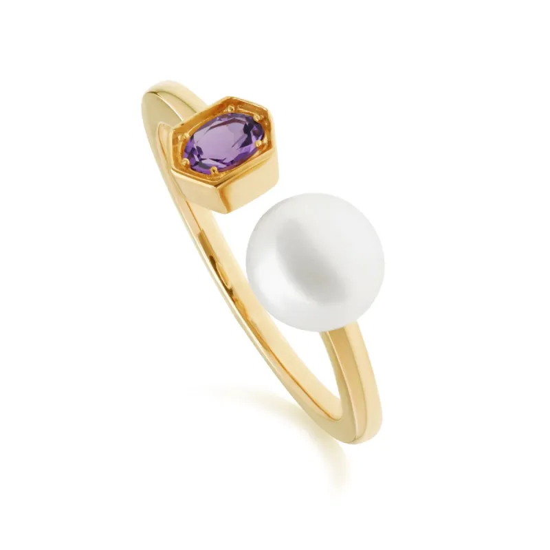 Modern Pearl & Amethyst Open Ring in Gold Plated Silver sold by Gemondo Jewellery