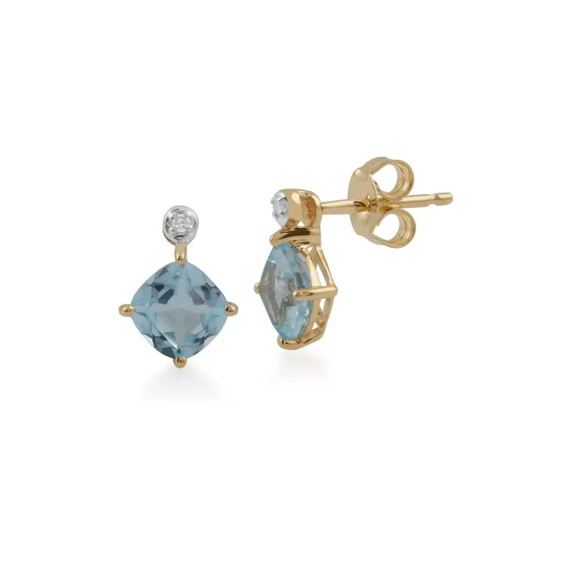 Classic Square Blue Topaz & Diamond Stud Earrings in 9ct Yellow Gold sold by Gemondo Jewellery