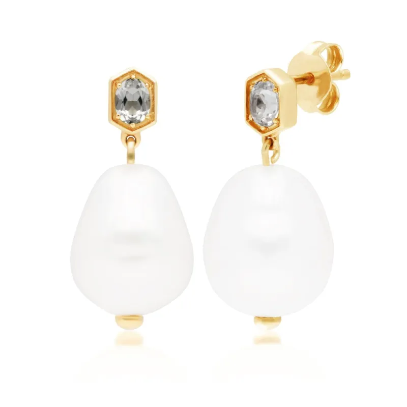 Modern Baroque Pearl & White Topaz Drop Earrings in Gold Plated Silver sold by Gemondo Jewellery