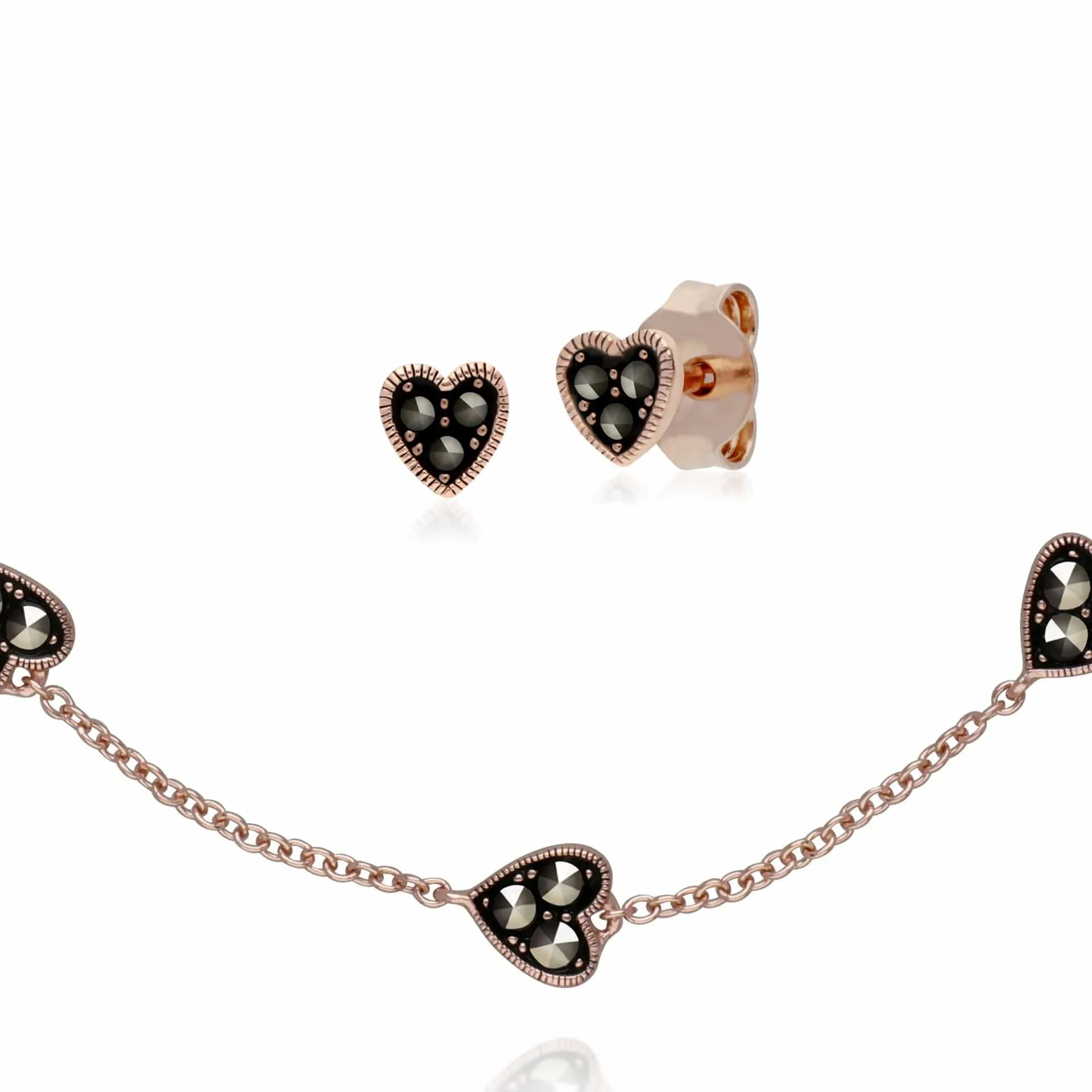 Rose Gold Plated Marcasite Heart Stud Earrings & Bracelet Set in 925 Sterling Silver sold by Gemondo Jewellery