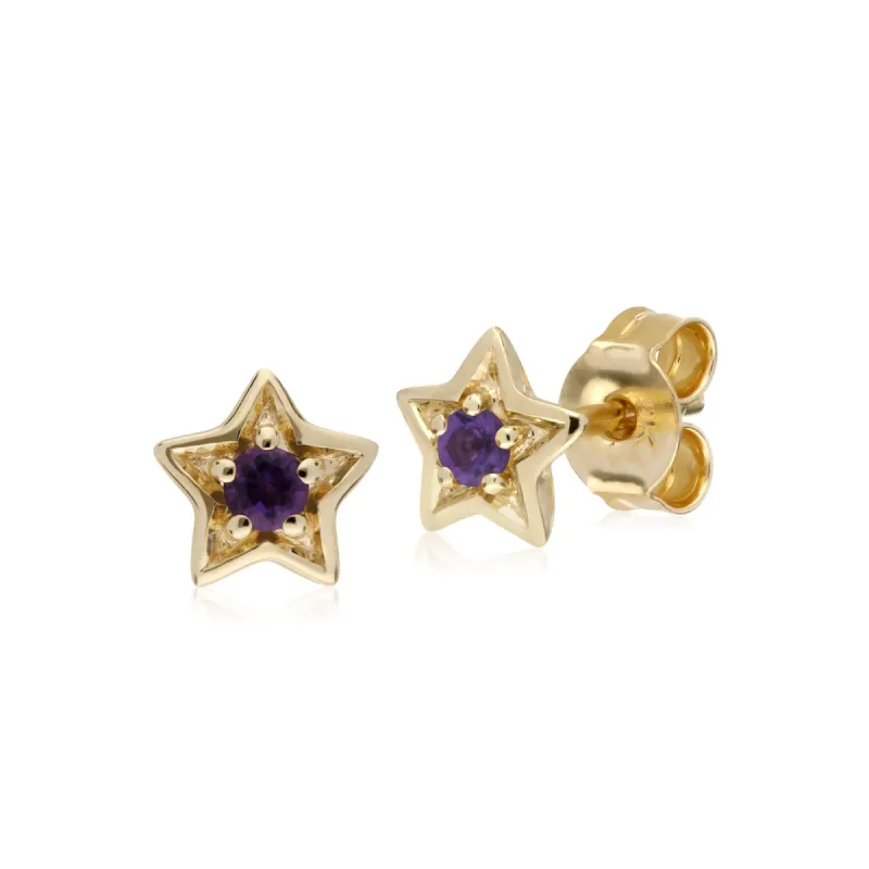 Classic Single Stone Round Amethyst Star Stud Earrings in 9ct Yellow Gold sold by Gemondo Jewellery