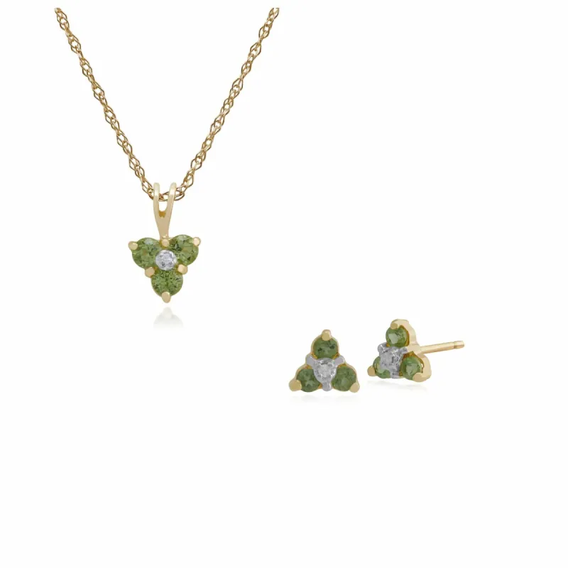 Floral Round Peridot & Diamond Stud Earrings & Pendant Set in 9ct Yellow Gold sold by Gemondo Jewellery