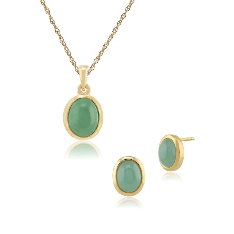Classic Oval Jade Bezel Stud Earrings & Pendant Set in 9ct Gold sold by Gemondo Jewellery