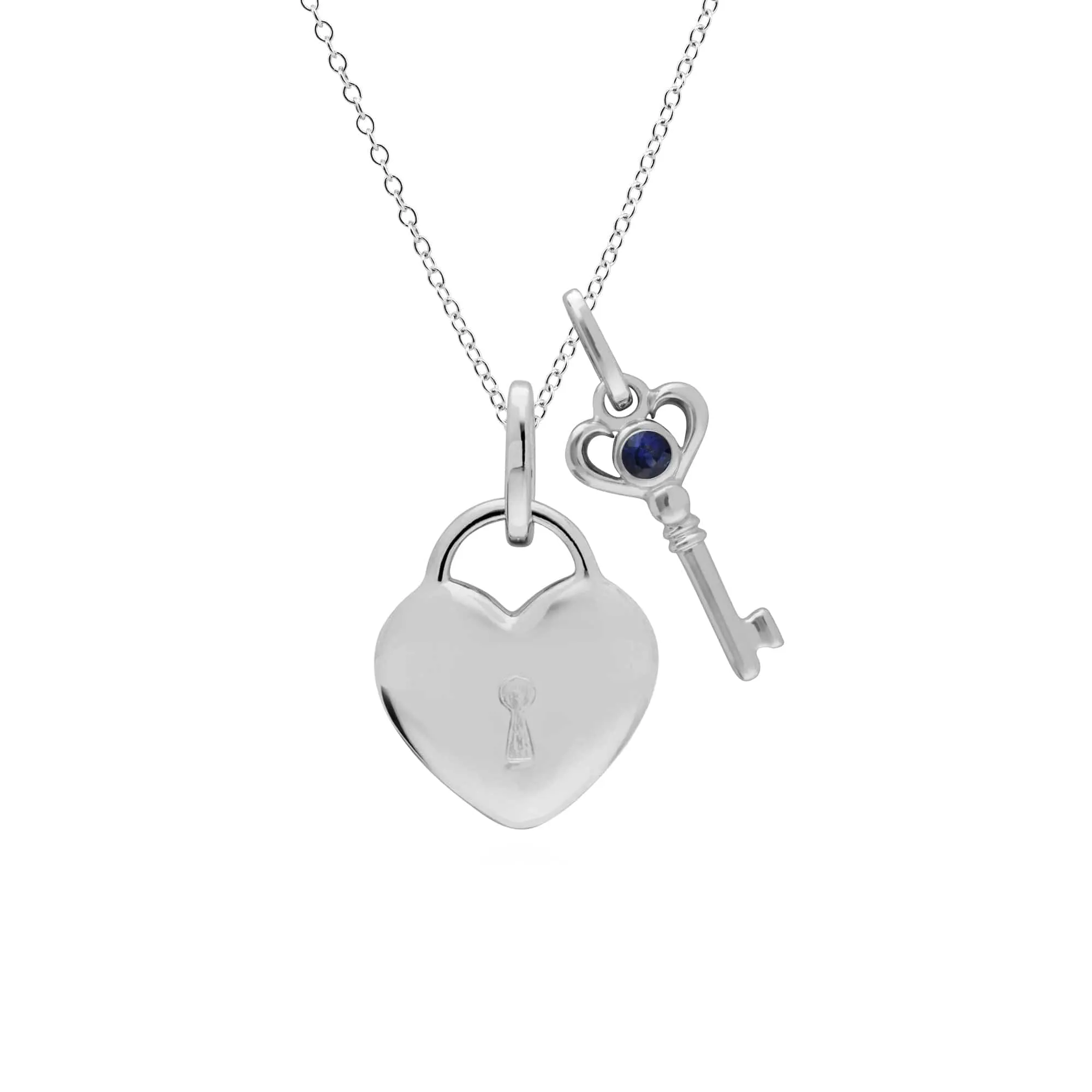 Classic Heart Lock Pendant & Sapphire Key Charm in 925 Sterling Silver sold by Gemondo Jewellery