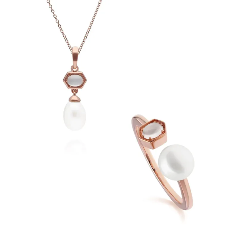 Modern Pearl & Opal Pendant & Ring Set in Rose Gold Plated Silver sold by Gemondo Jewellery
