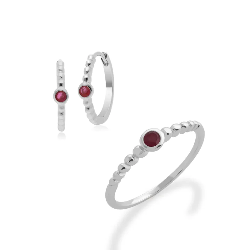 Essential Round Ruby Hoop Earrings & Ring Set in 925 Sterling Silver sold by Gemondo Jewellery