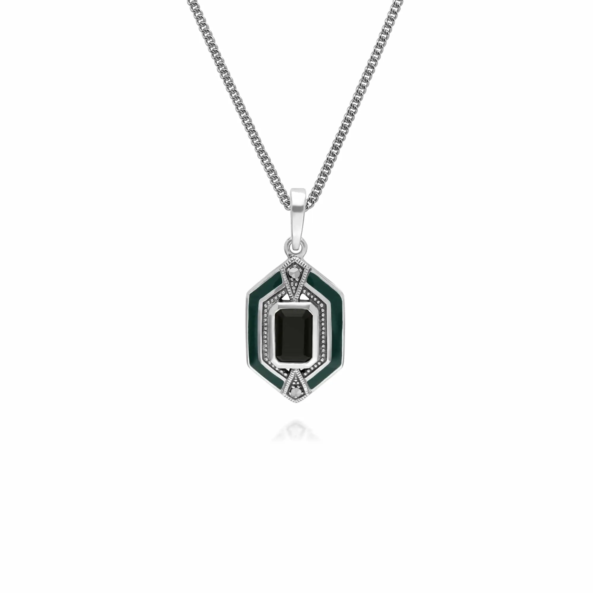Art Deco Style Black Onyx, Marcasite & Green Enamel Hexagon Bracelet & Pendant Set in 925 Sterling Silver sold by Gemondo Jewellery product image thumbnail 3