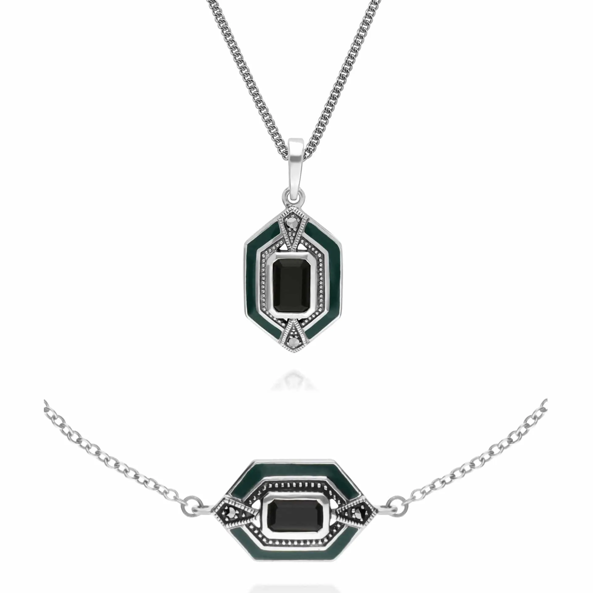 Art Deco Style Black Onyx, Marcasite & Green Enamel Hexagon Bracelet & Pendant Set in 925 Sterling Silver sold by Gemondo Jewellery