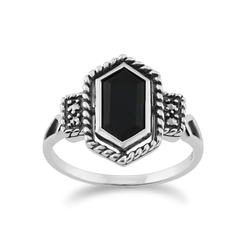 Gemondo Sterling Silver 1.00ct Black Onyx & 4.8pt Marcasite Art Deco Style Ring sold by Gemondo Jewellery