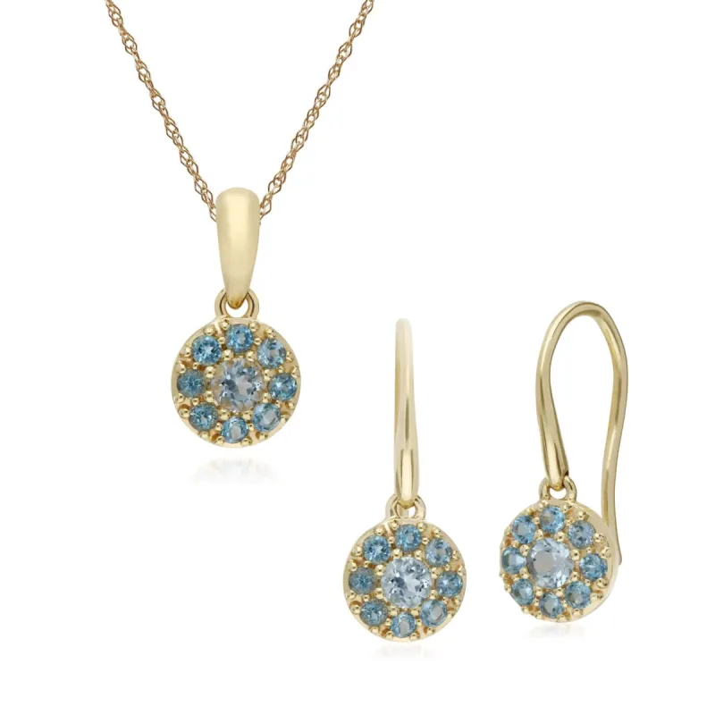 Classic Round Blue Topaz Cluster Drop Earrings & Pendant Set in 9ct Yellow Gold sold by Gemondo Jewellery