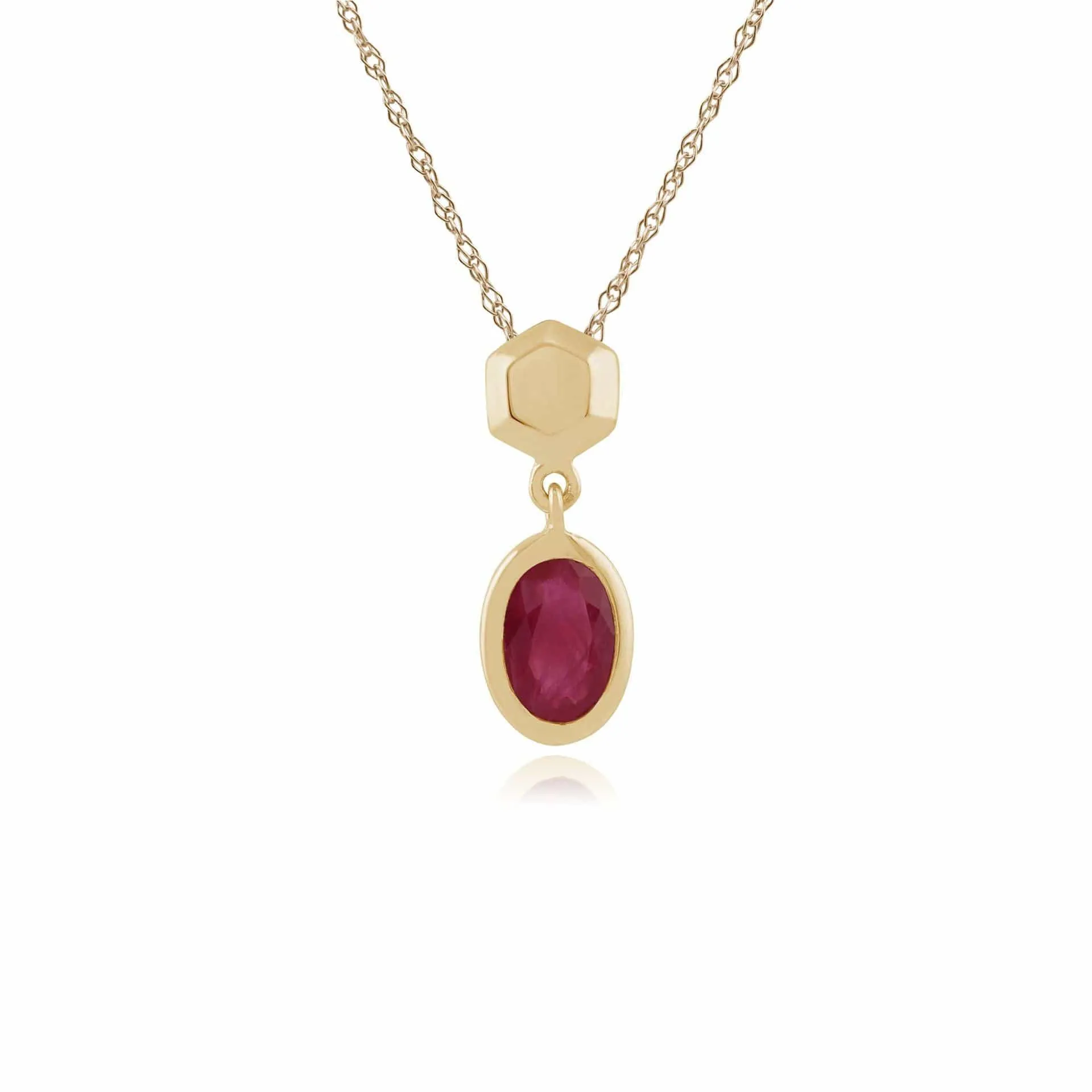 Classic Oval Ruby Bezel Set Drop Pendant in 9ct Yellow Gold sold by Gemondo Jewellery