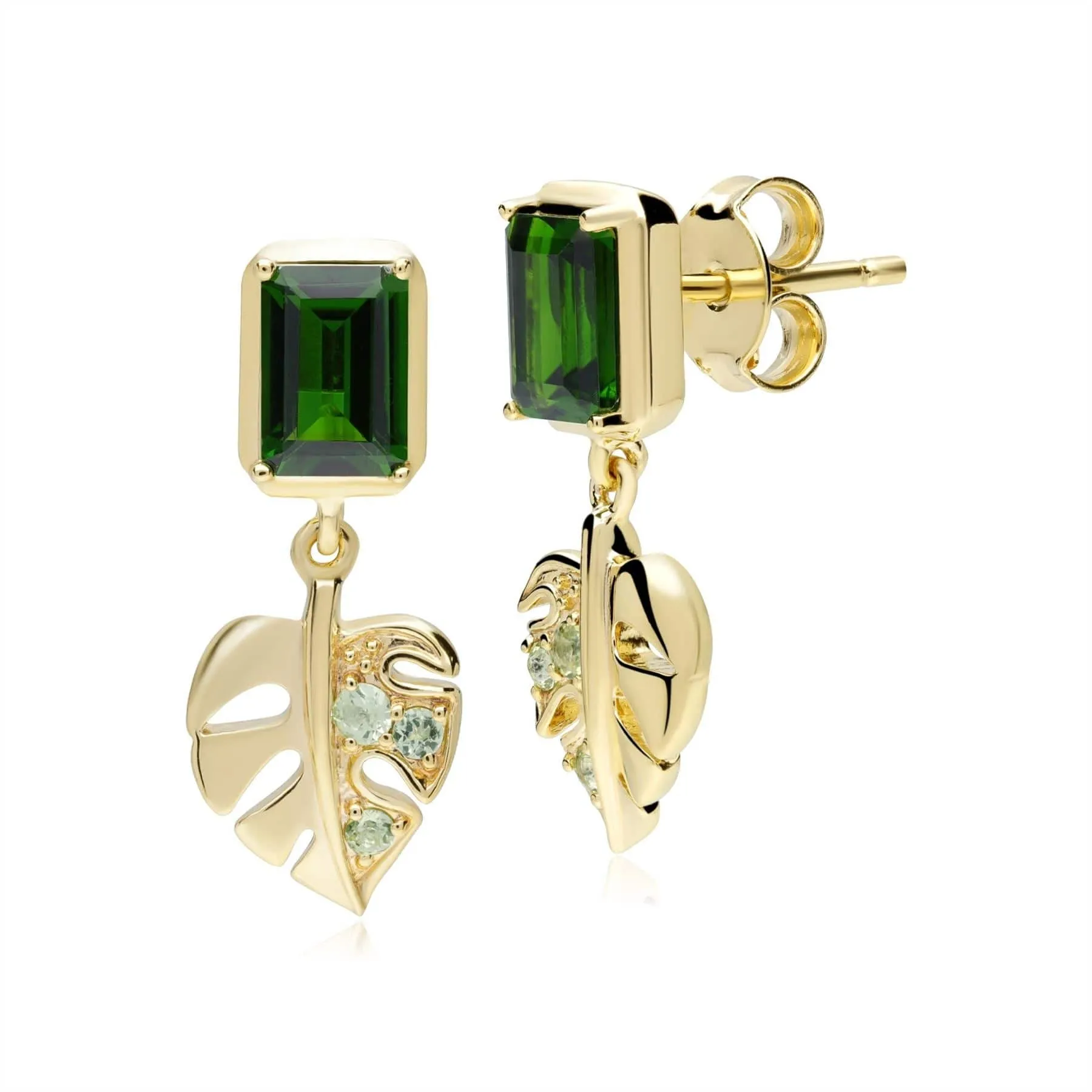 ECFEW™ Creator Chrome Diopside & Peridot Leaf Earrings in Gold Plated Sterling Silver sold by Gemondo Jewellery