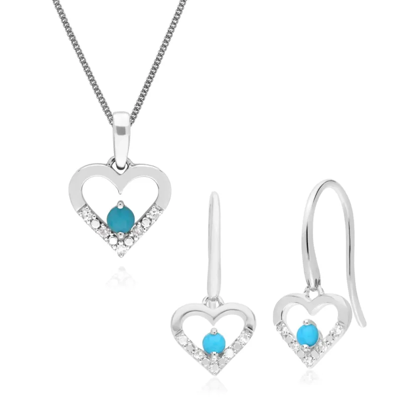 Classic Round Turquoise & Diamond Heart Drop Earrings & Pendant Set in 9ct White Gold sold by Gemondo Jewellery