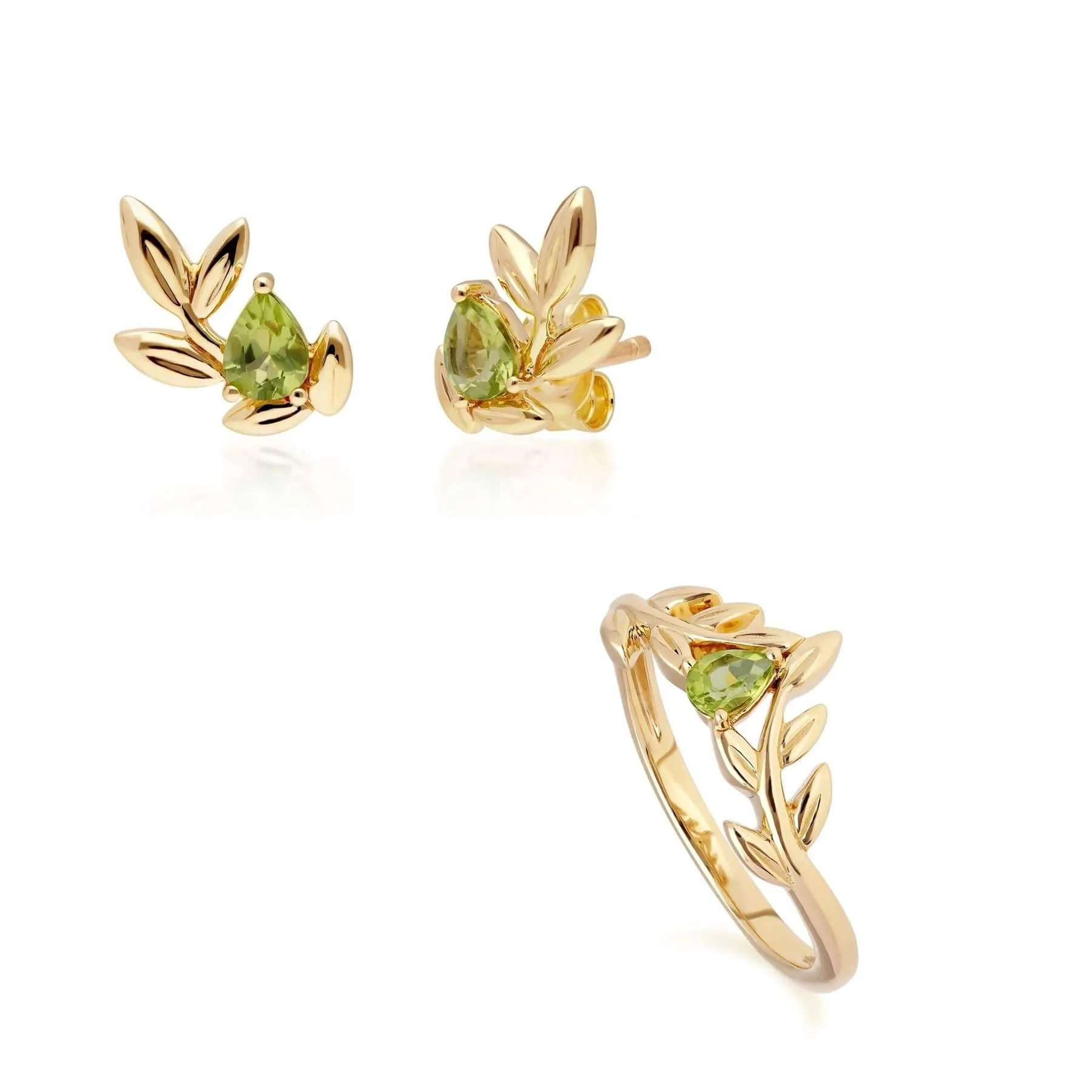O Leaf Peridot Stud Earring & Ring Set in 9ct Yellow Gold sold by Gemondo Jewellery
