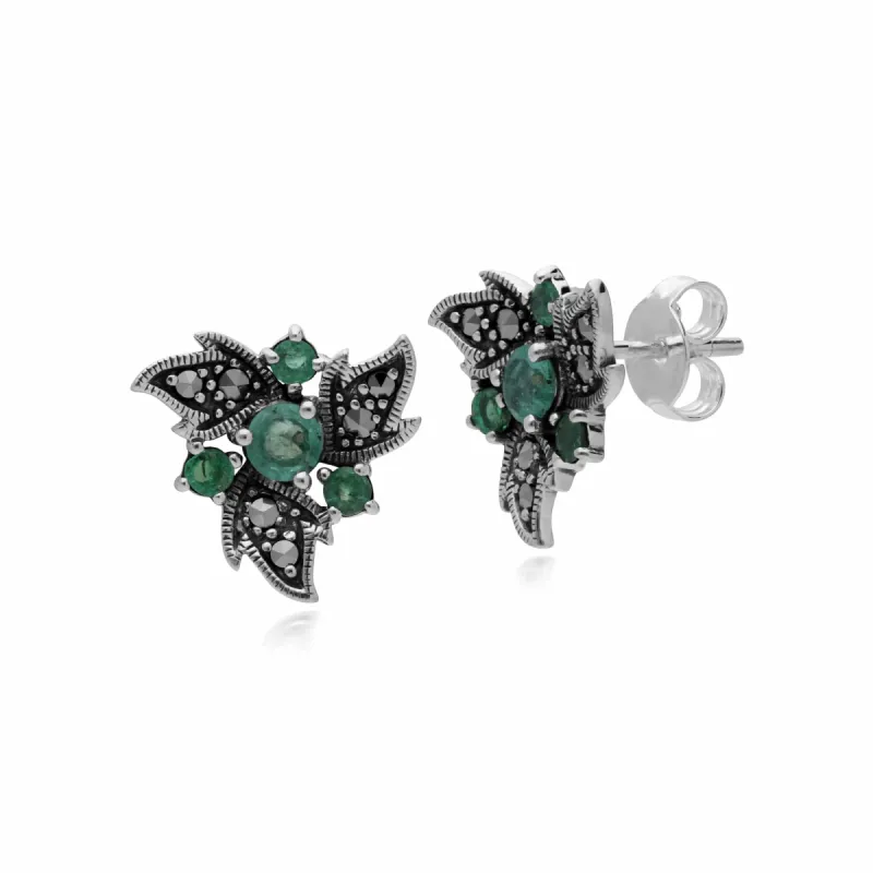Art Nouveau Style Round Emerald & Marcasite Floral Stud Earrings in Sterling Silver sold by Gemondo Jewellery